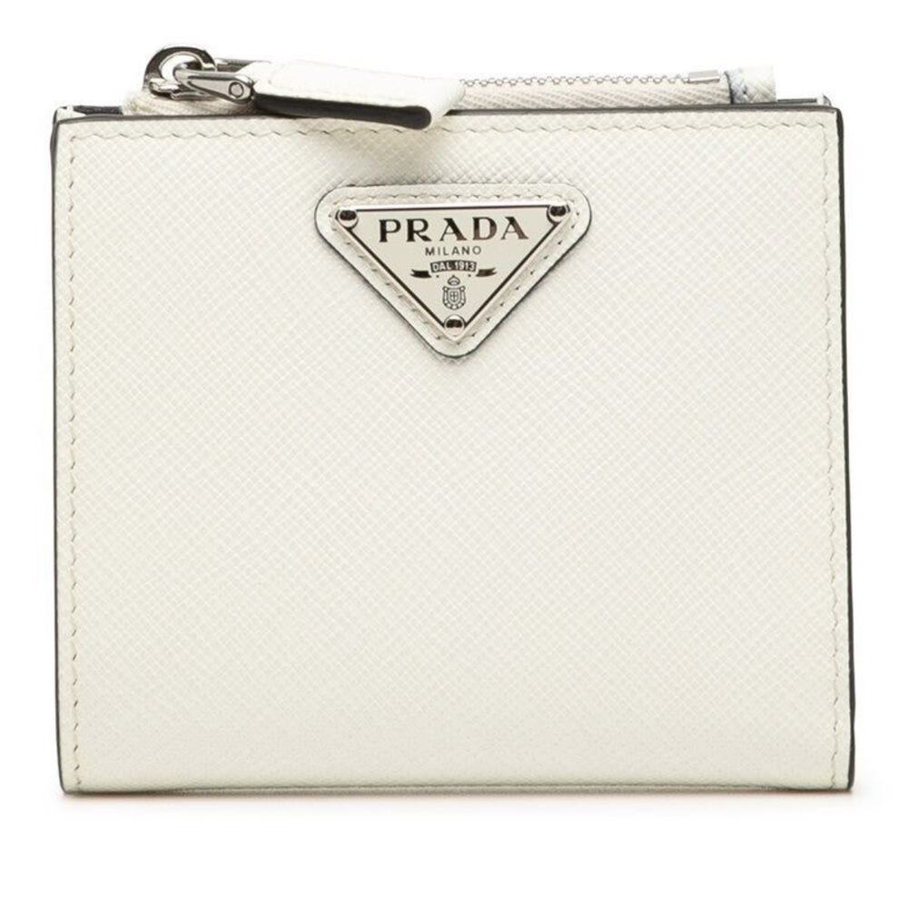 Prada Leather Triangle Logo Bifold Compact Wallet Saffiano White